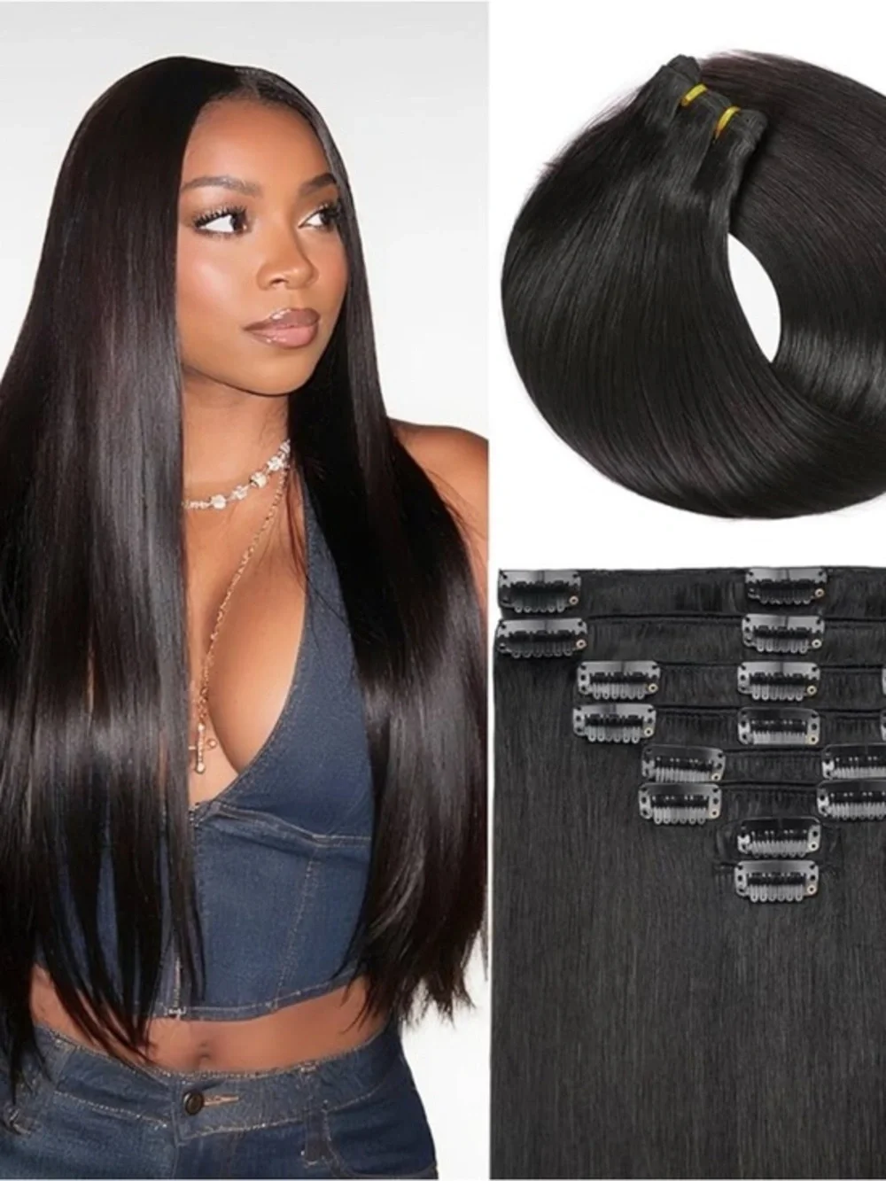 20” Black Human Hair Clip-in Extensions 8 pcs